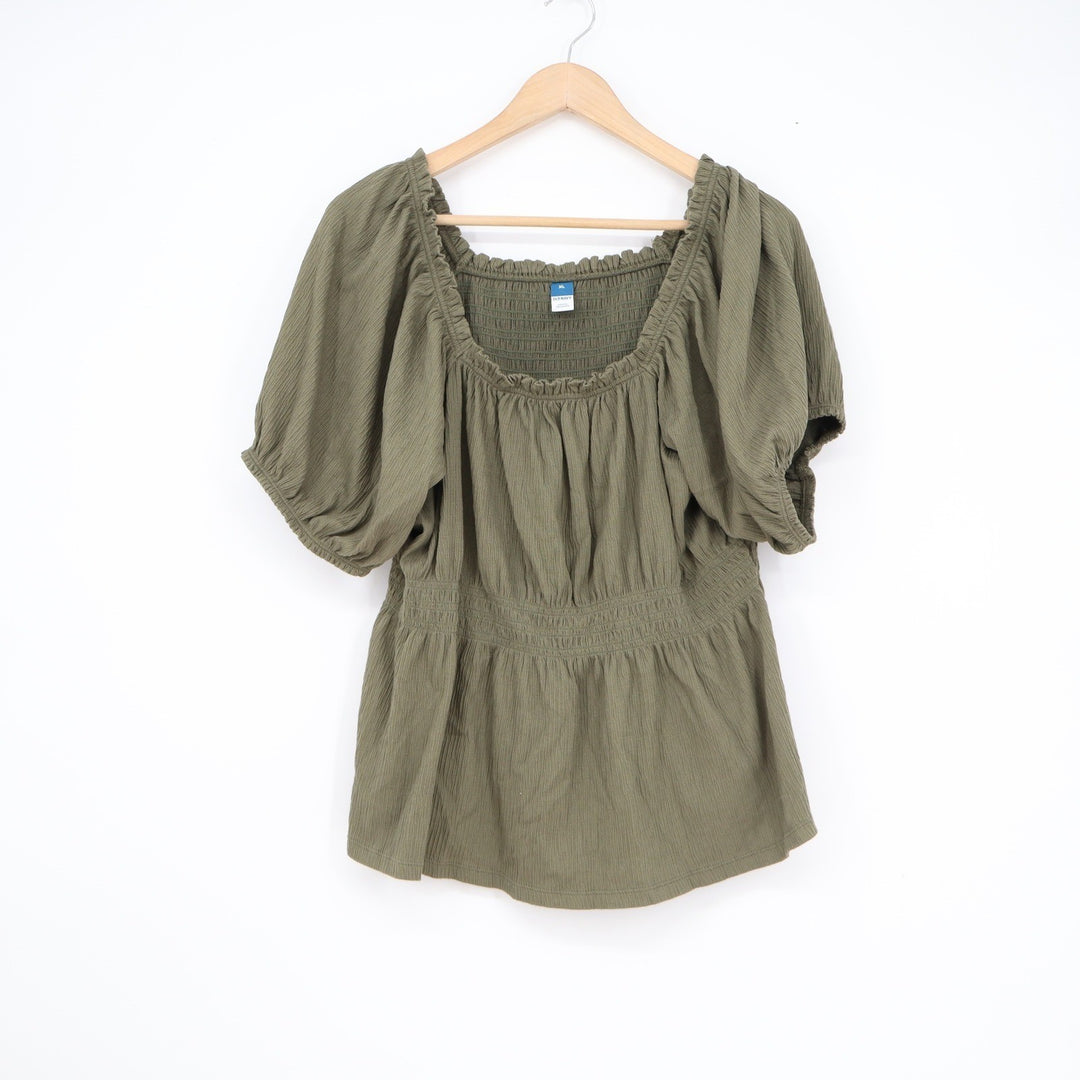 Old Navy Womens XL Olive Green Smocked Puff Sleeve Peplum Square Neck Blouse Top