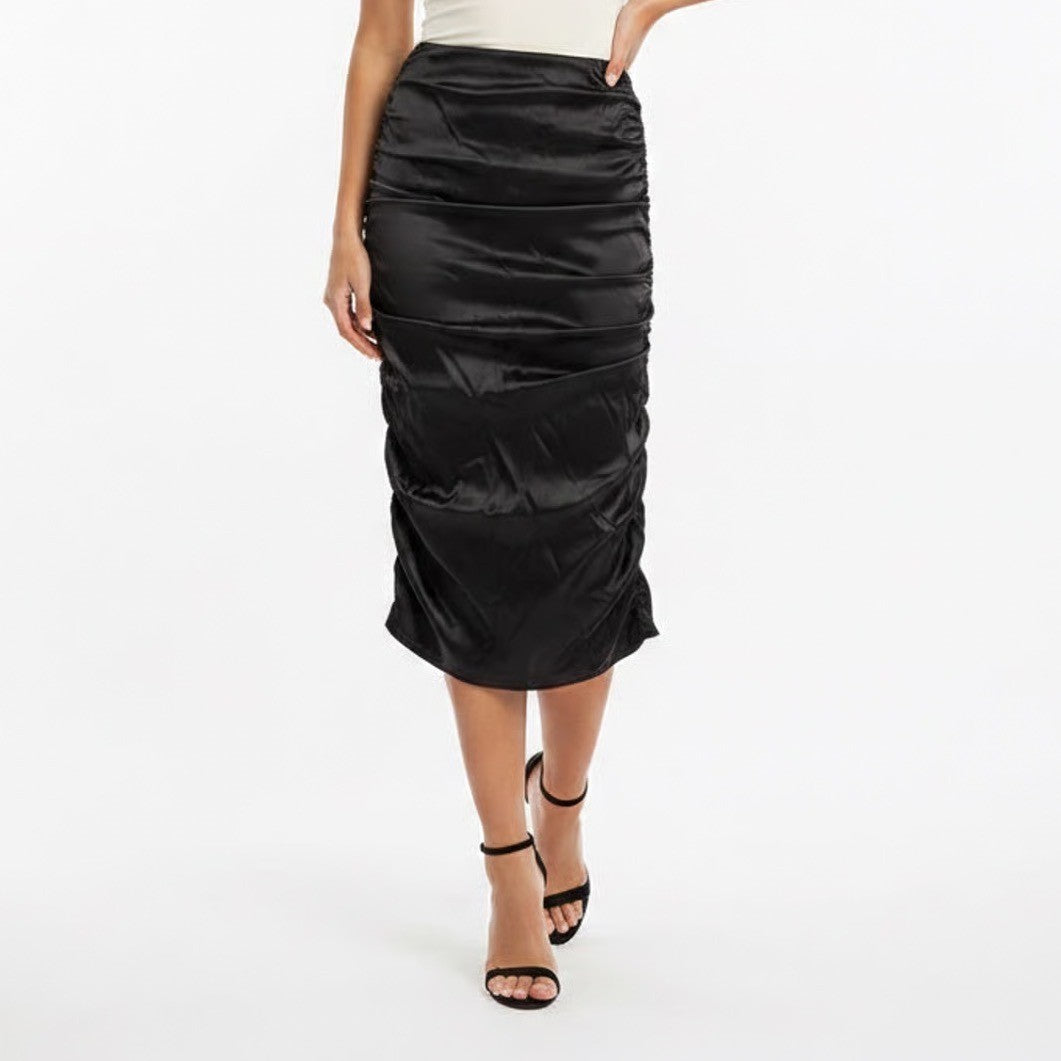 Naked Wardrobe Black Satin Ruched Strapless Skirt Medium