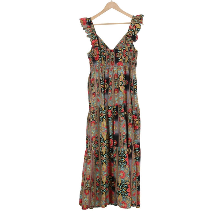 Boemo Womens Floral Paisley Smocked Tiered Maxi Dress Ruffle Strap Large