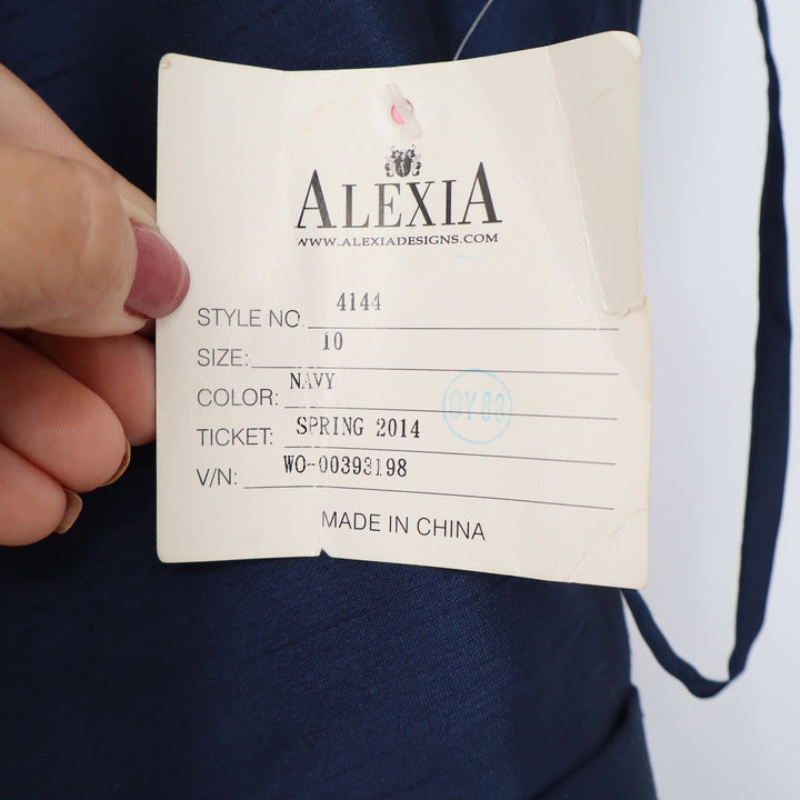 Alexia Designs Dress Womens 10 4144 Navy Blue Belted Pleated Neckline NEW