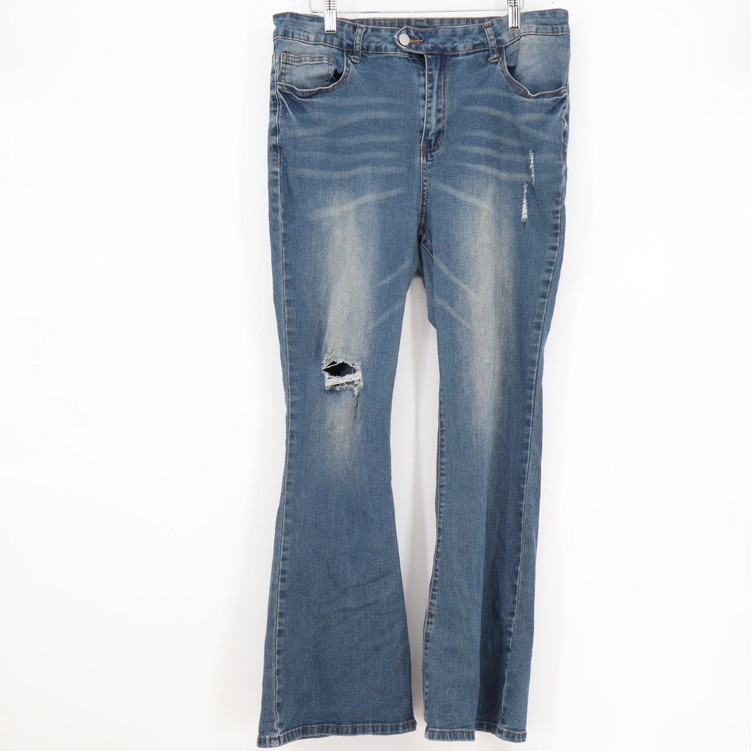 SHEIN Curve Womens 1XL Blue Distressed Flare Jeans High Rise Ripped Denim