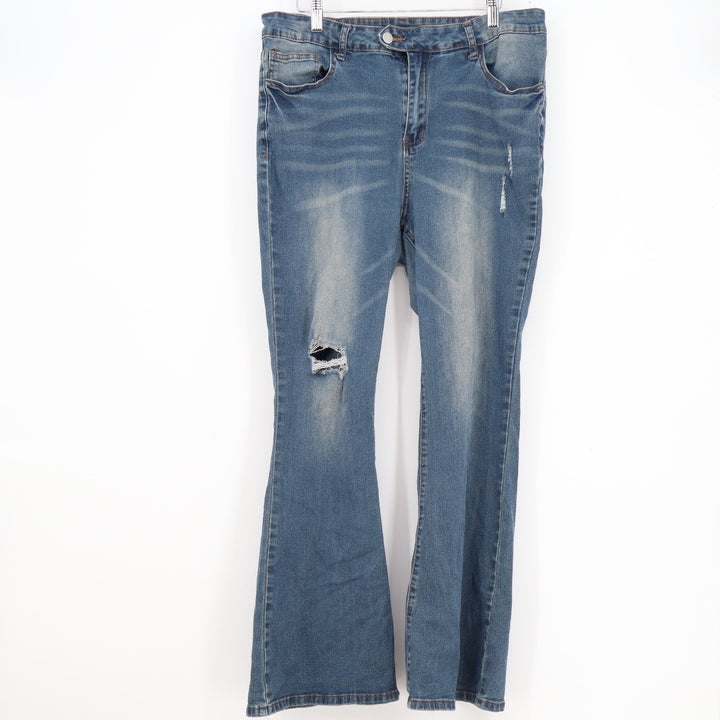 SHEIN Curve Womens 1XL Blue Distressed Flare Jeans High Rise Ripped Denim