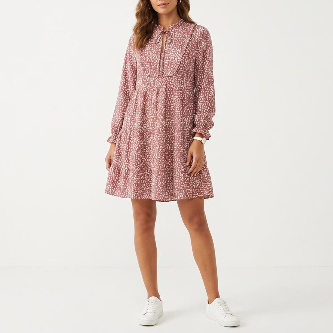 Unbranded Dalmatian Dot Tiered Babydoll Mini Dress Dusty Rose Long Sleeve L