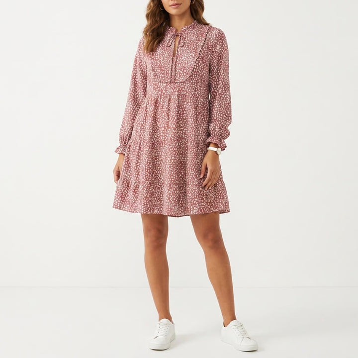 Unbranded Dalmatian Dot Tiered Babydoll Mini Dress Dusty Rose Long Sleeve L