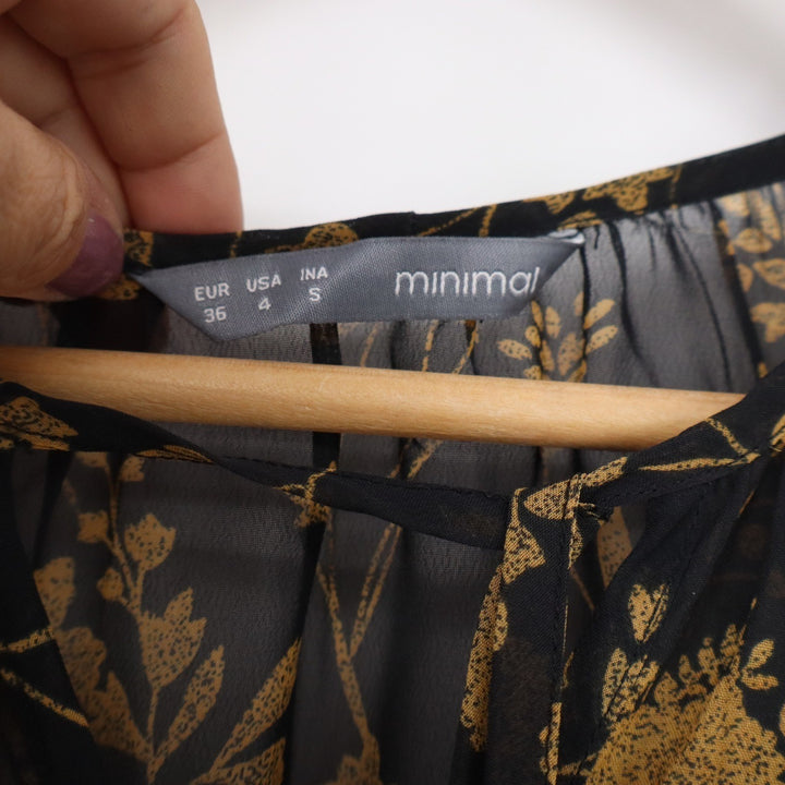 Minimal Thien Dress Black Gold Floral Midi Ruffle Sleeve Split Neck Size 4