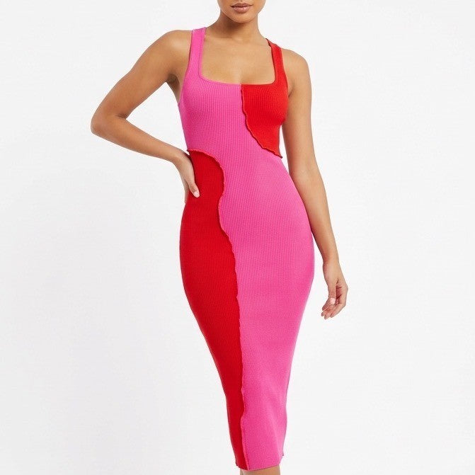 Naked Wardrobe Pink Red Colorblock Ribbed Racerback Midi Dress Small