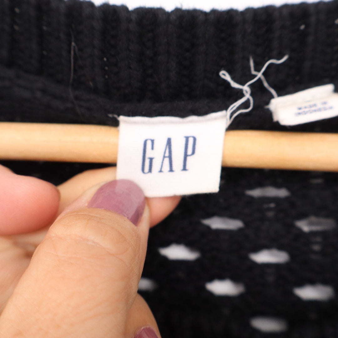 Gap Womens Black Open Knit Cotton Cardigan Sweater Size L Crochet Pointelle