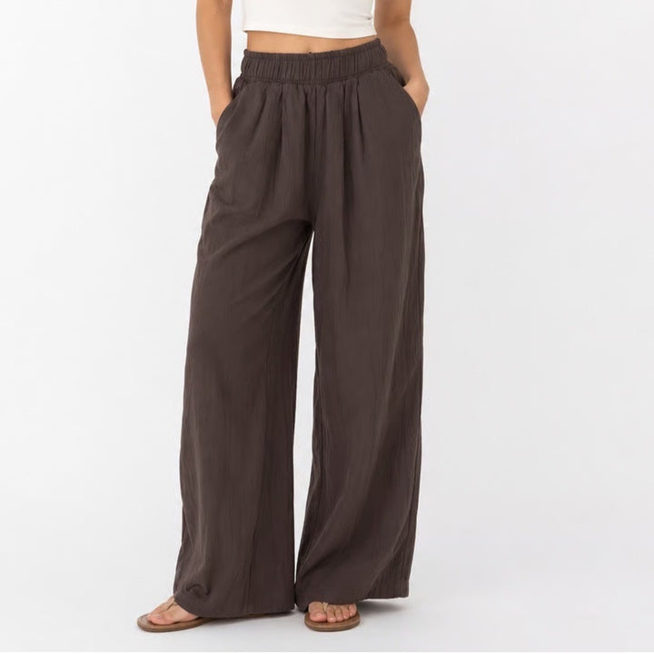 Unbranded Brown Crinkle Gauze Wide Leg Elastic Waist Relaxed Pants Small