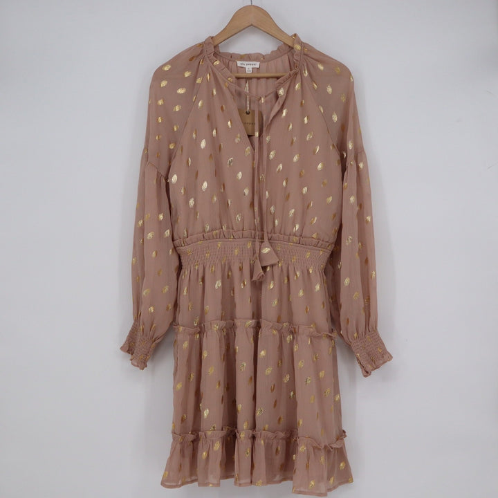 Blu Pepper Mauve Pink Gold Metallic Clip Dot Smocked Tiered Mini Dress Large