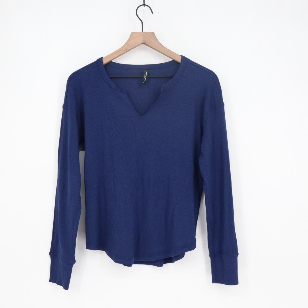American Giant Luxe Rib Womens Small Blue Cotton V-Notch Long Sleeve Pullover