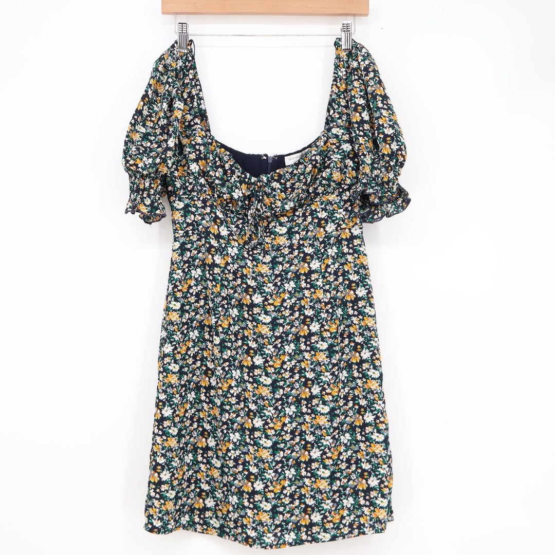 Shop Neighbor Floral Mini Dress Navy Gold Metallic Pinstripe Puff Sleeve Medium