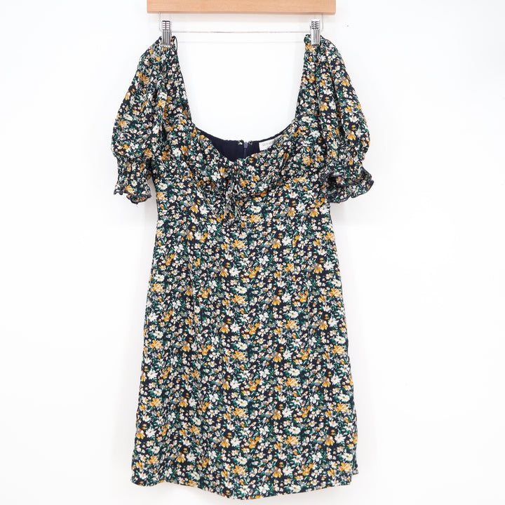 Shop Neighbor Floral Mini Dress Navy Gold Metallic Pinstripe Puff Sleeve Medium
