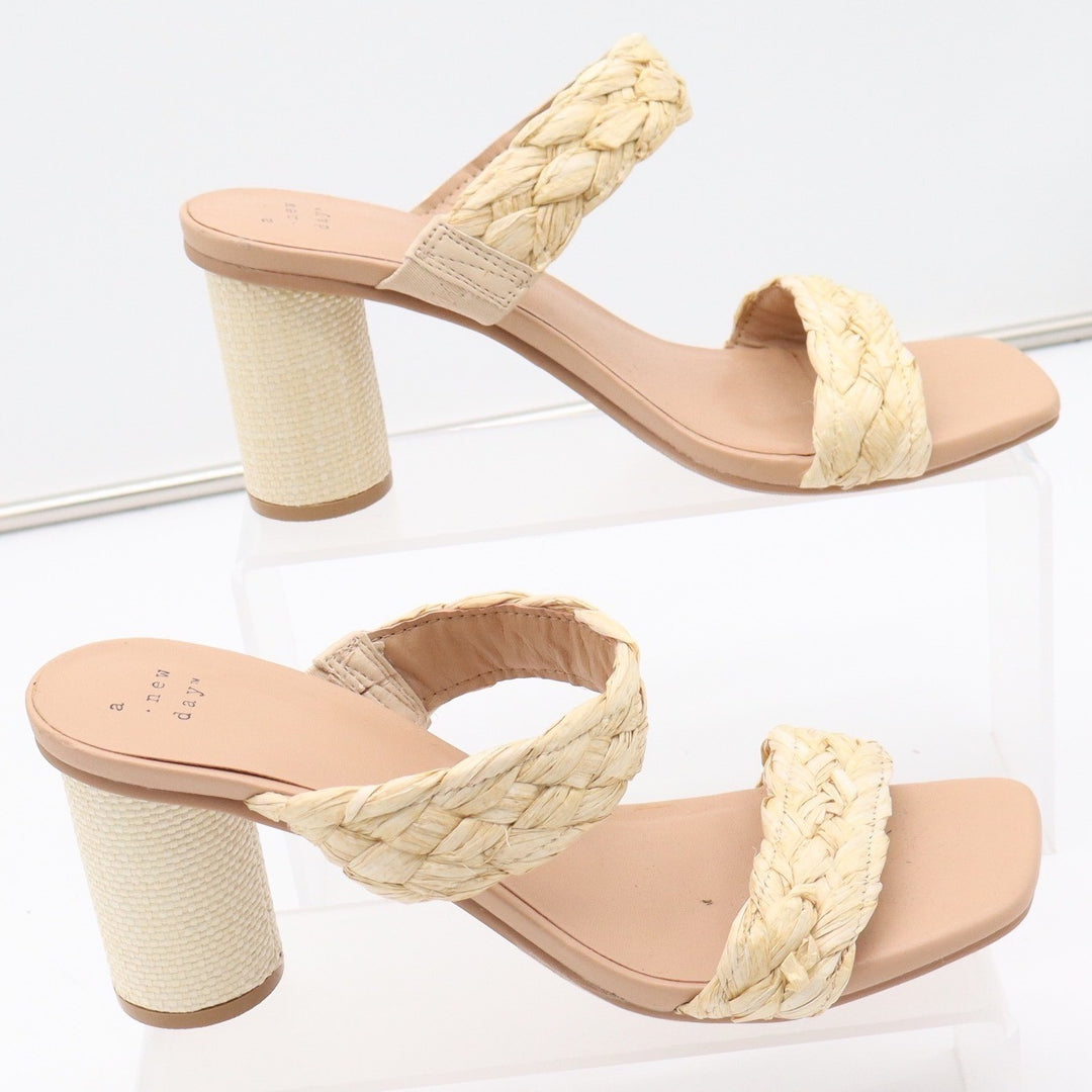 A New Day Braided Raffia Block Heel Mules Beige Square Toe Sandals Womens Size 8