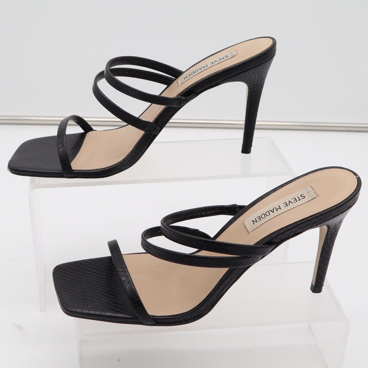 Steve Madden Womens Black Snakeskin Embossed Square Toe Strappy Heels 8.5