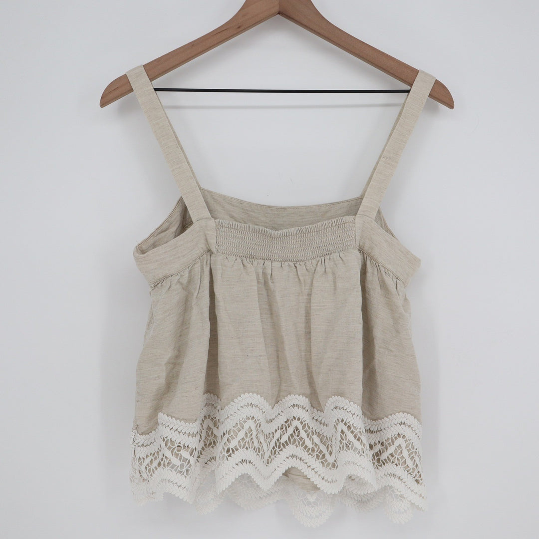 Parker Oatmeal Linen Blend Crochet Lace Hem Smocked Camisole Top Beige Medium