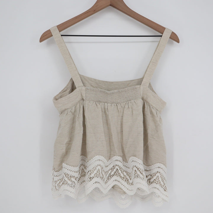 Parker Oatmeal Linen Blend Crochet Lace Hem Smocked Camisole Top Beige Medium