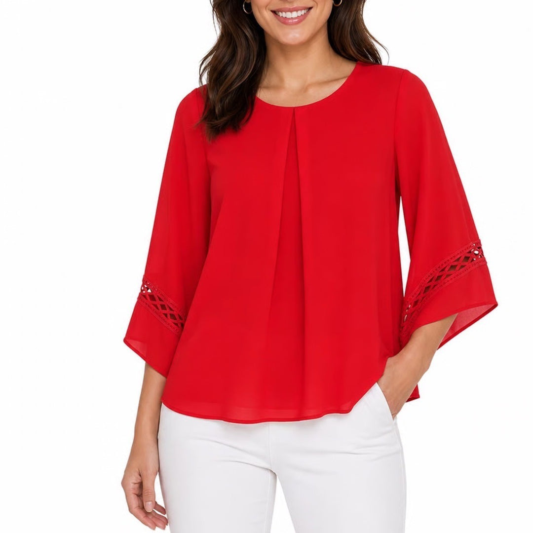 BCX Red Bell Sleeve Blouse Lattice Crochet Pleated Front Chiffon Top Large