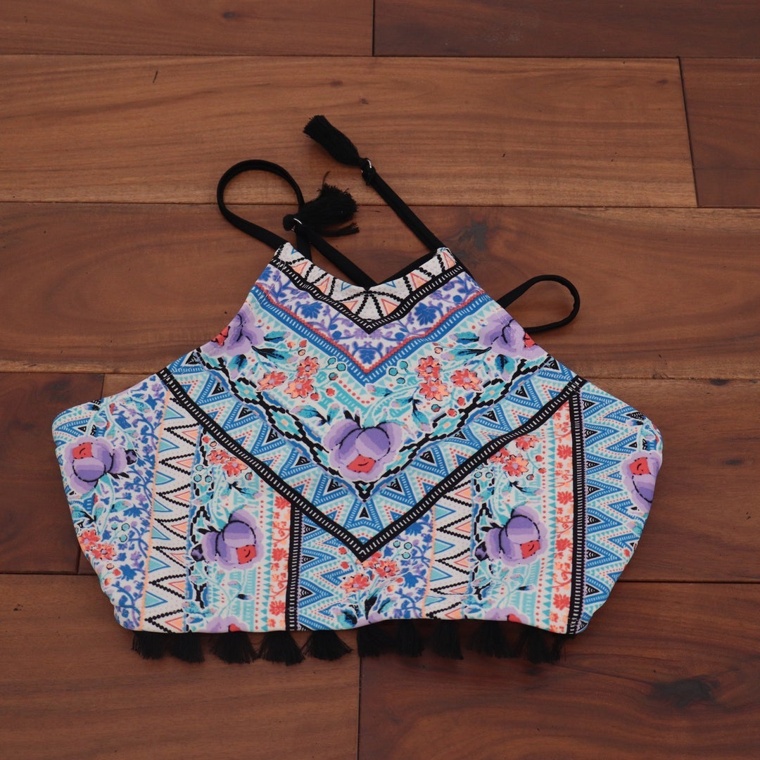 No Boundaries Womens High Neck Halter Bikini Top Blue Floral Tassel Size M 7-9