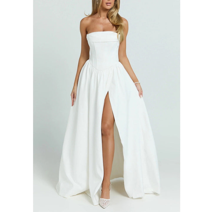 Showpo Jeannie Maxi Dress Off White Corset Panel High Split Strapless US 16 NEW