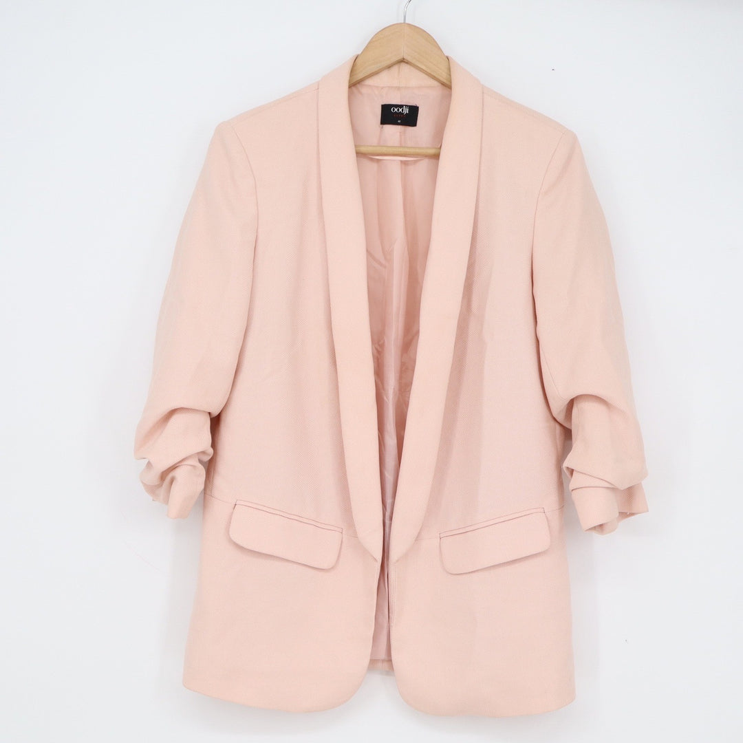 Oodji Ultra Womens Peach Pink Ruched 3/4 Sleeve Open Front Shawl Blazer Size 40