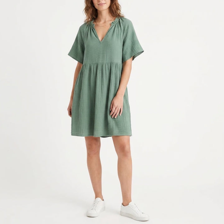 Old Navy Womens Sage Green Cotton Gauze Ruffle V-Neck Babydoll Dress Medium