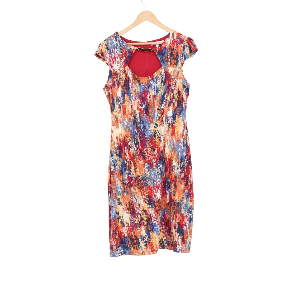 Trinhuology Womens Abstract Print Cutout Gold Bar Sheath Dress Red Multi 12
