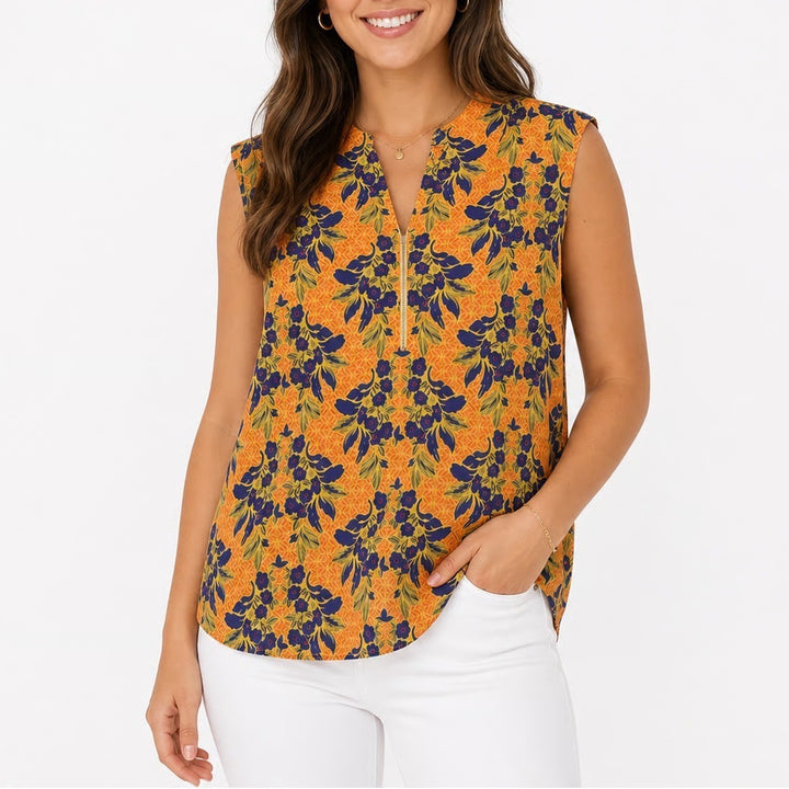 Jaclyn Smith Collection Yellow Blue Floral Zip V-Neck Blouse XXL