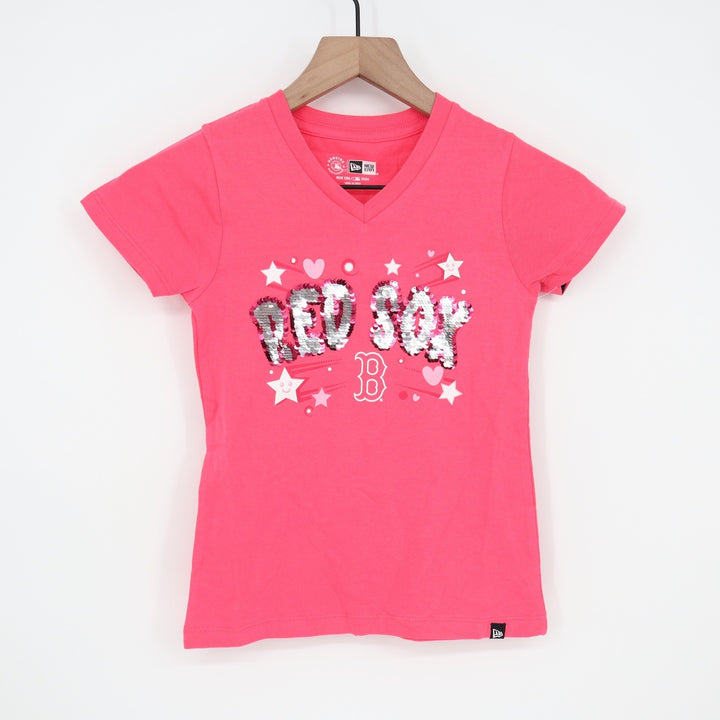New Era Boston Red Sox Girls Pink Sequin Graphic V-Neck T-Shirt Size 6/6X