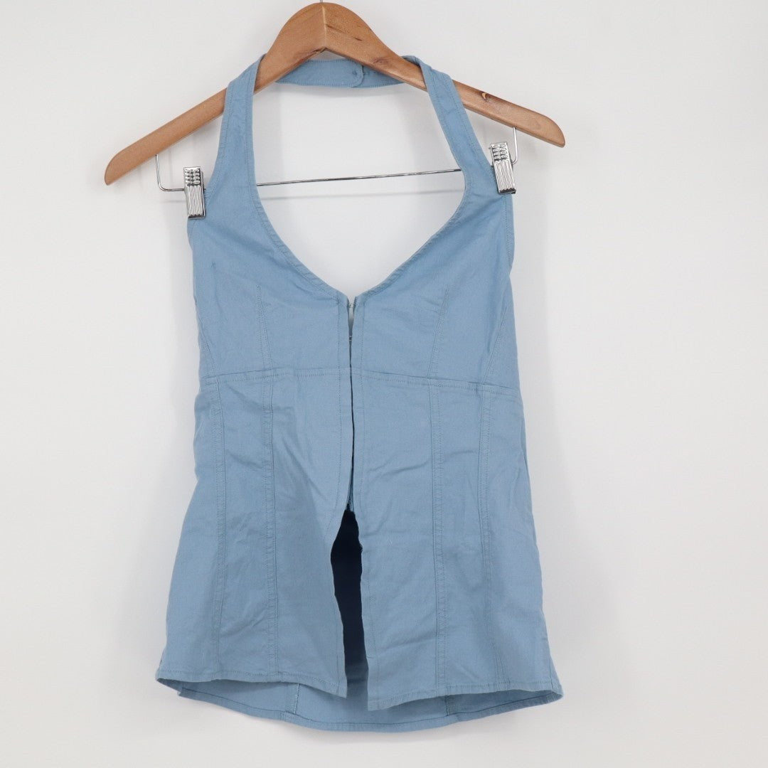 Urban Outfitters UO Sari Vest Women S Ashleigh Blue Linen Halter Neck Hook & Eye