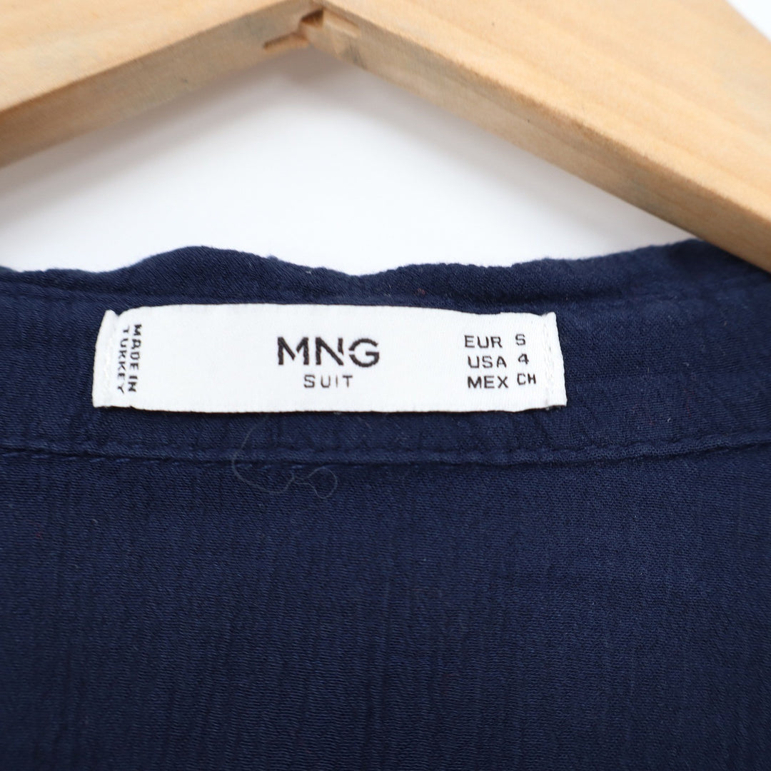 Mango Suit Navy Blue Crinkle Viscose Long Sleeve Henley Collared Top Size 4 S