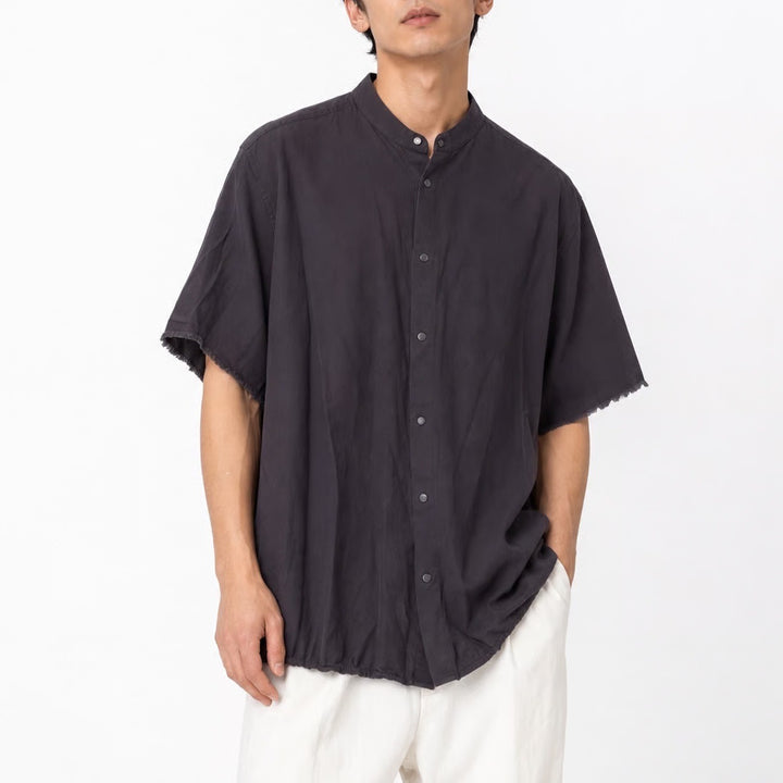 Zara Man Relaxed Fit Dark Purple Band Collar Frayed Short Sleeve Shirt Large