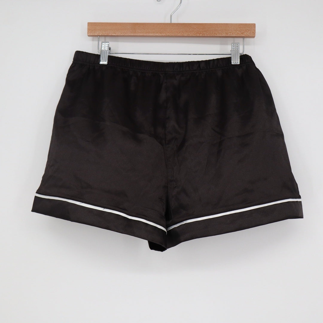 Black Satin Pajama Shorts with White Piping Elastic Waist Size Large
