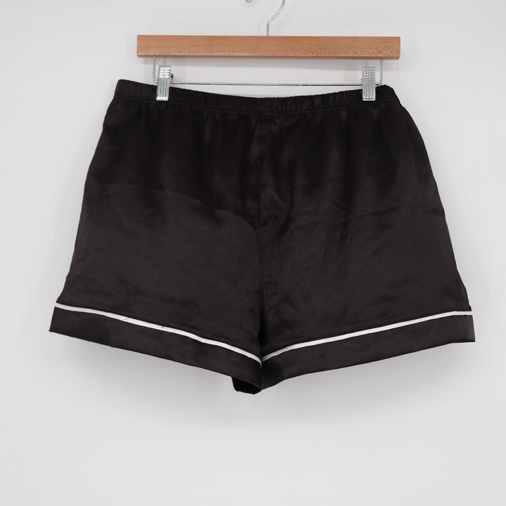 Black Satin Pajama Shorts with White Piping Elastic Waist Size Large