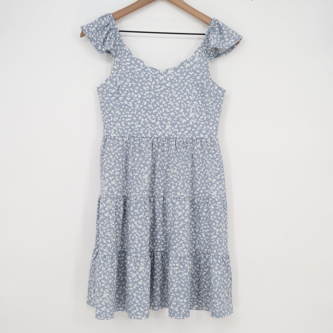 Monteau Los Angeles Blue Floral Tiered Mini Dress Scalloped Ruffle Strap Small