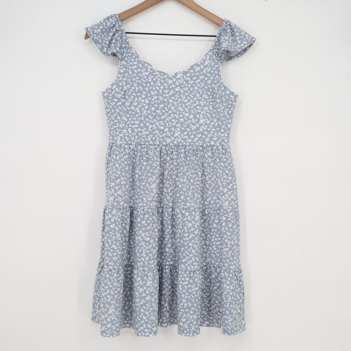 Monteau Los Angeles Blue Floral Tiered Mini Dress Scalloped Ruffle Strap Small