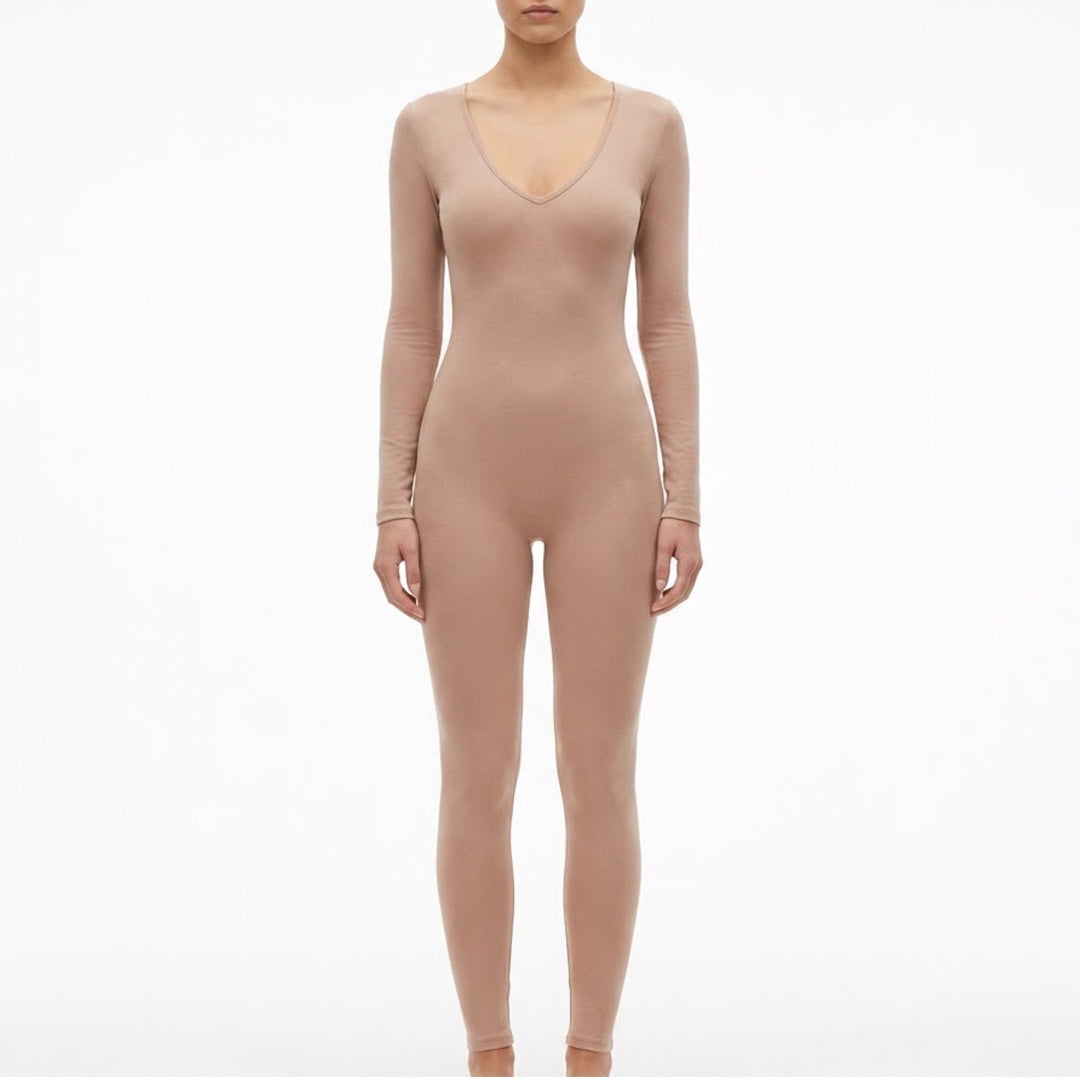Naked Wardrobe Tan Long Sleeve V-Neck Jumpsuit Large