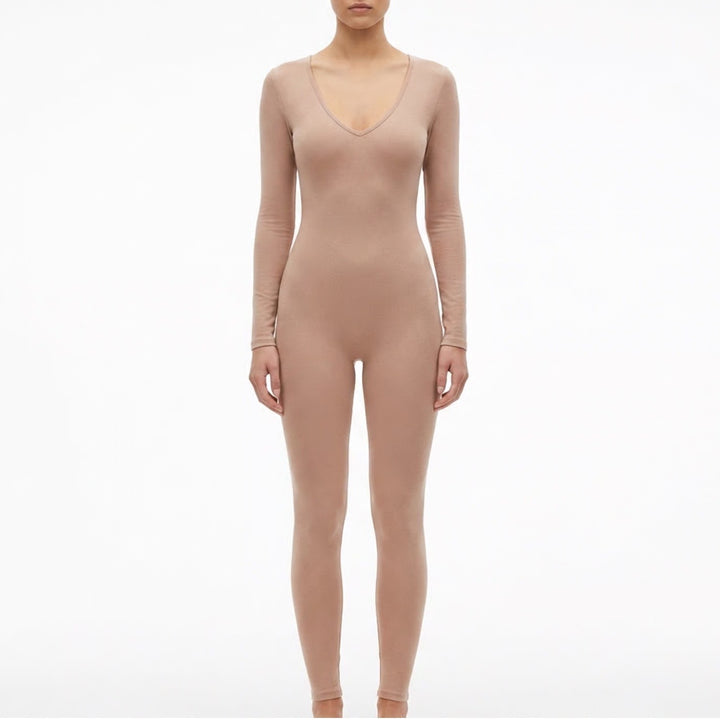 Naked Wardrobe Tan Long Sleeve V-Neck Jumpsuit Large
