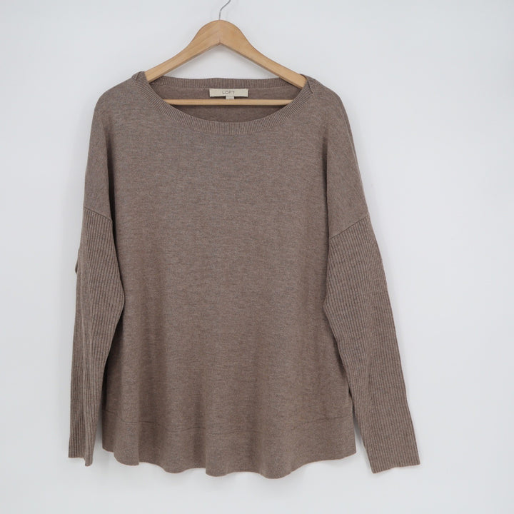 Ann Taylor Loft Womens Large Taupe Brown Ribbed Sleeve Relaxed Knit Sweater L