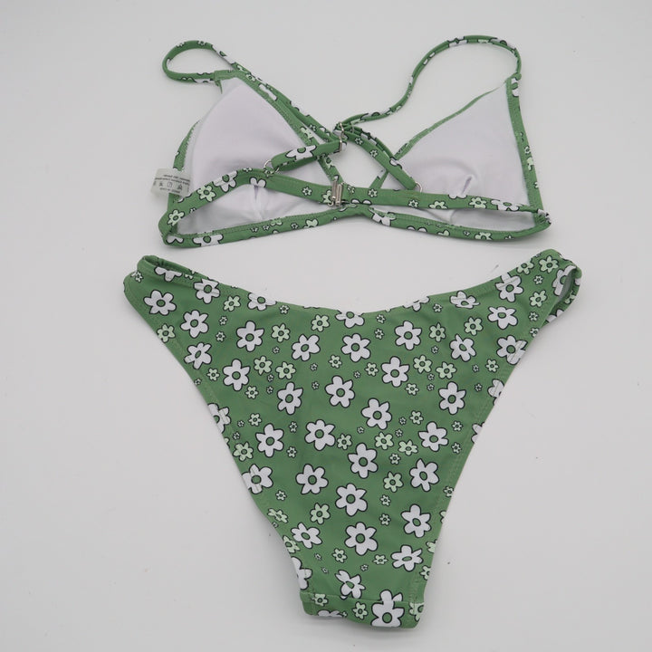 2 Piece Triangle Bikini Set Womens S Green White Floral Stretch Spaghetti Straps
