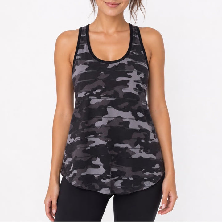Zyia Tank Women M Gray Camo Striped Racerback Activewear Excellent