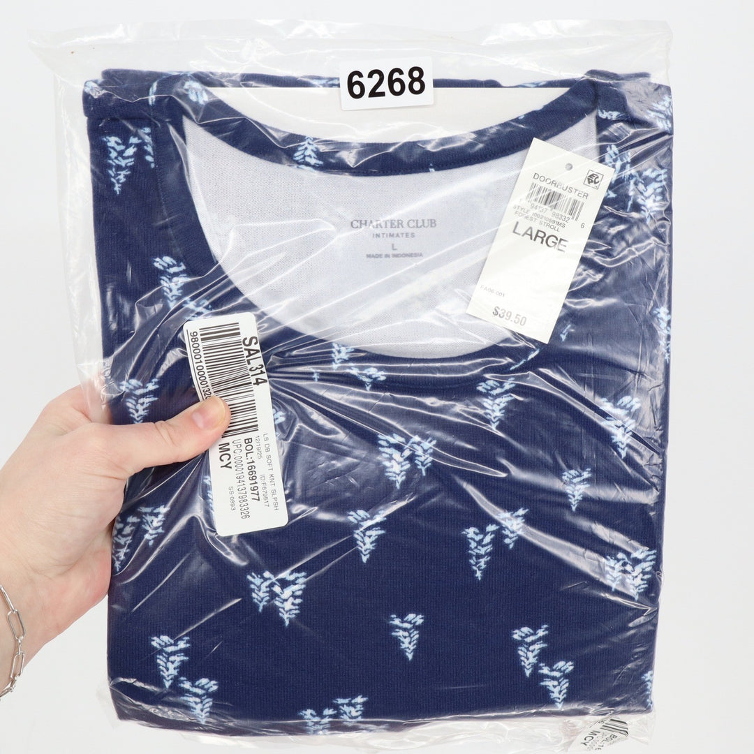 Charter Club Intimates Womens Large Navy Blue Botanical Knit Sleep Shirt