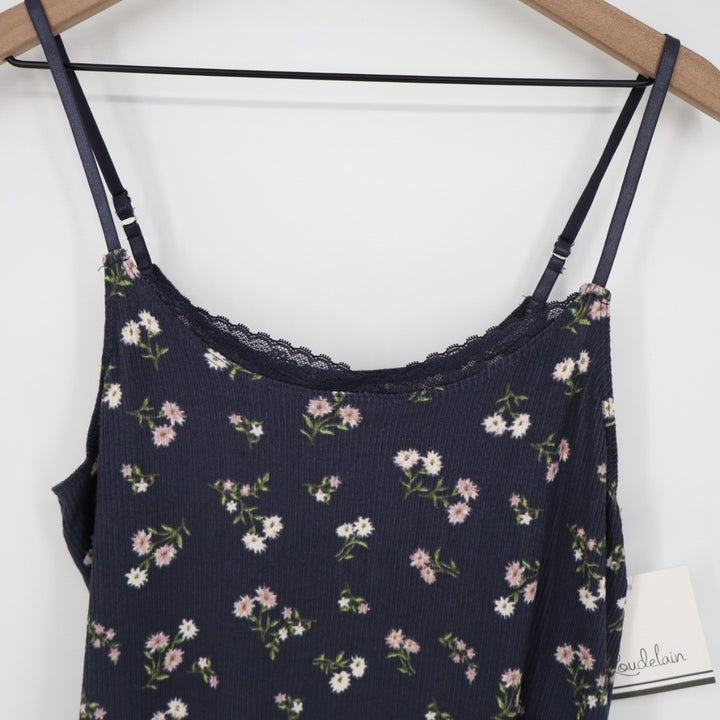 Roudelain Camisole Top Womens Large Navy Floral Stretch Ribbed Spaghetti Strap
