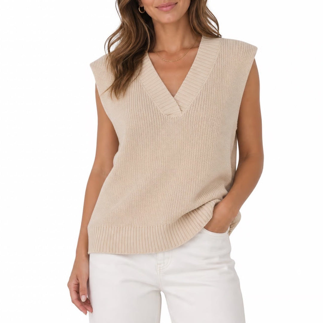 Cream V-Neck Ribbed Knit Oversized Sweater Vest Sleeveless Pullover Medium