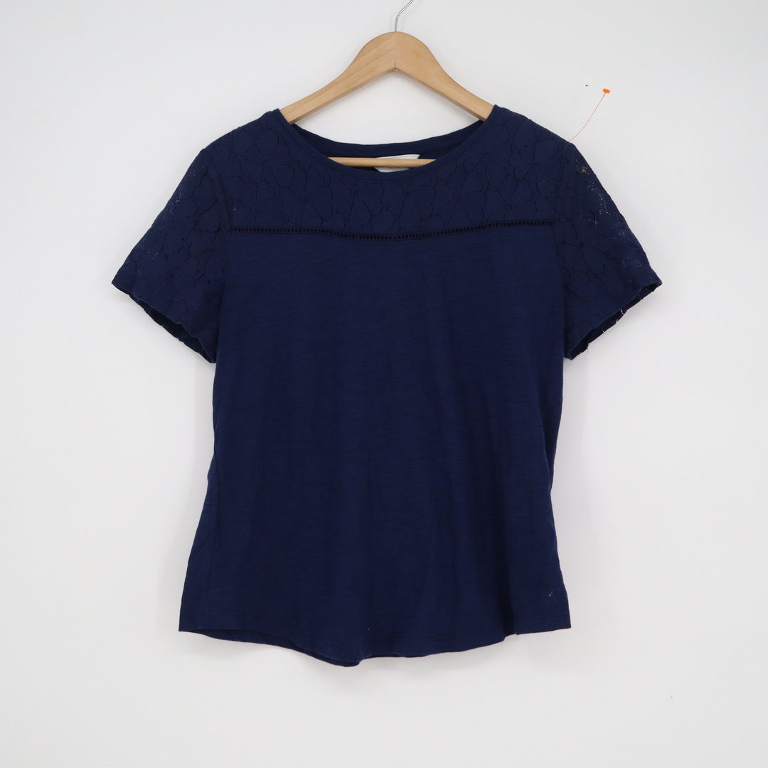 Liz Claiborne Petite Navy Blue Lace Yoke Short Sleeve Top PL