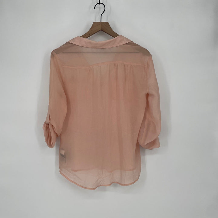 2b Bebe Sheer Peach Button Down Shirt Roll Tab Sleeves Pockets Size S