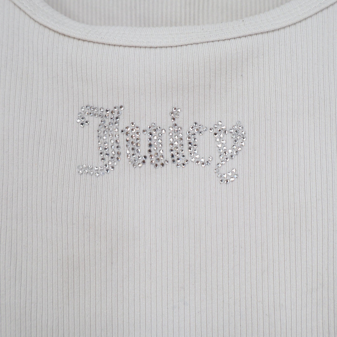 Juicy Couture Womens Ribbed Tank Top Cream Rhinestone Logo Y2K Size L