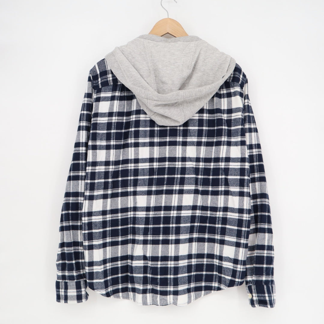 American Eagle Outfitters Flannel Shirt Mens Medium Blue White Cotton Hooded