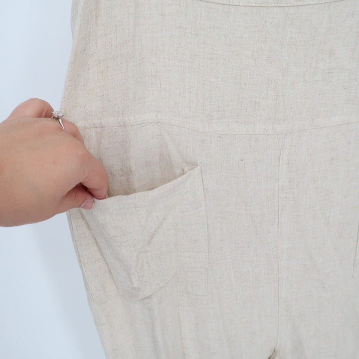 Umgee USA Linen Blend Overalls Jumpsuit Beige Tan Cropped Pants Size L