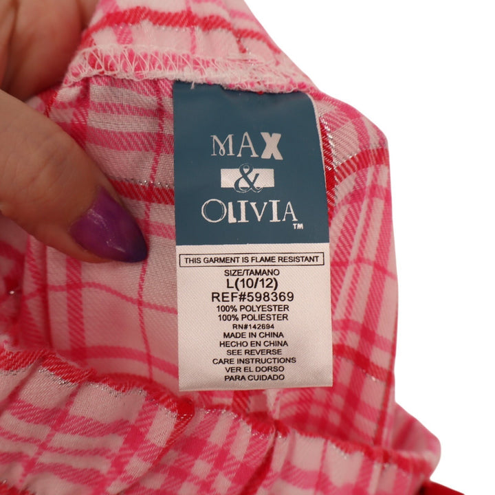 Max & Olivia Pajama Pants Girls Large 10/12 Pink White Plaid Bow Waist Sleepwear