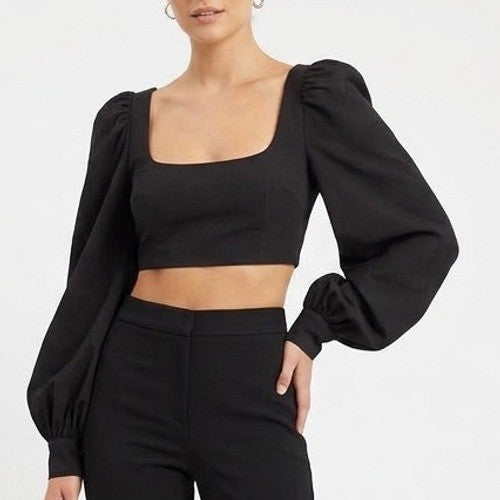 Naked Wardrobe The Statement Black Puff Sleeve Crop Top Square Neck NWSP20-T19 S